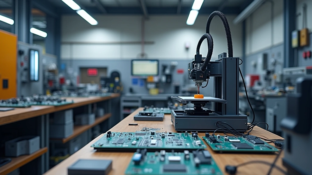 Advanced manufacturing prototyping area with 3D printer, CNC machine, circuit board fabrication equipment, organized workshop layout, industrial workspace, no signage or text visible, photorealistic