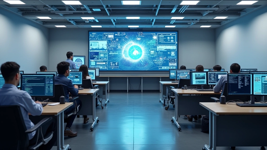 Professional tech center training classroom with computer workstations, technical equipment demonstration setup, organized learning environment, modern furniture, no people present, photorealistic