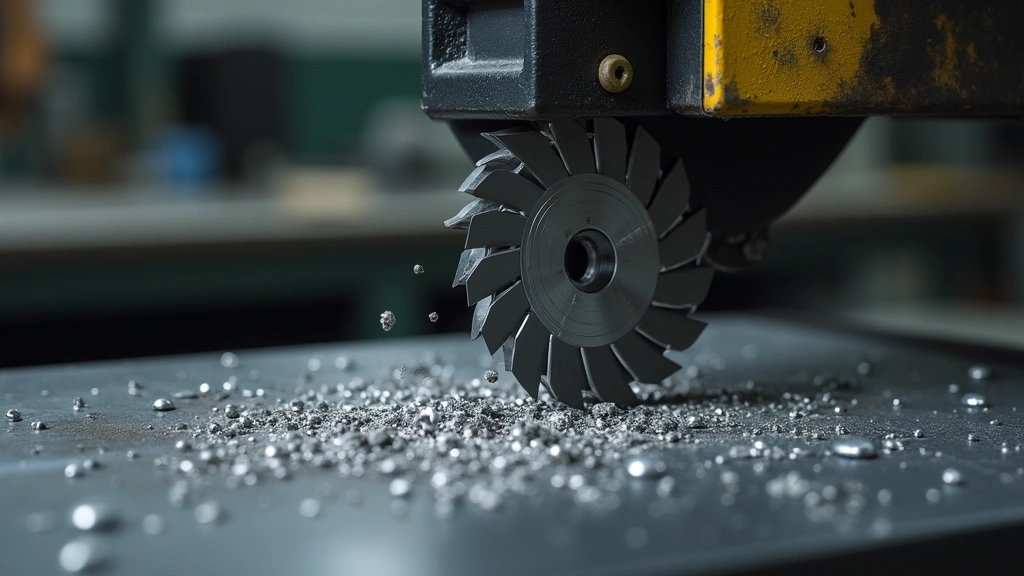 Precision cutting tool with carbide-coated blade mounted in industrial cutting system, sharp edge detail, metal shavings visible, professional workshop environment