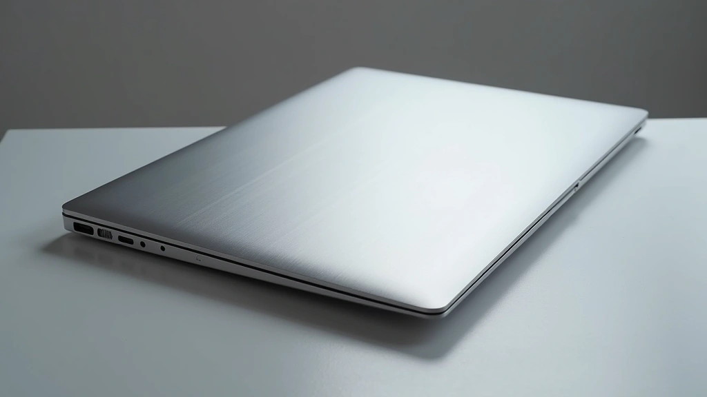Premium aluminum laptop with thin profile, closed lid design, brushed metallic finish, professional studio lighting, minimal shadows, high-end tech product photography
