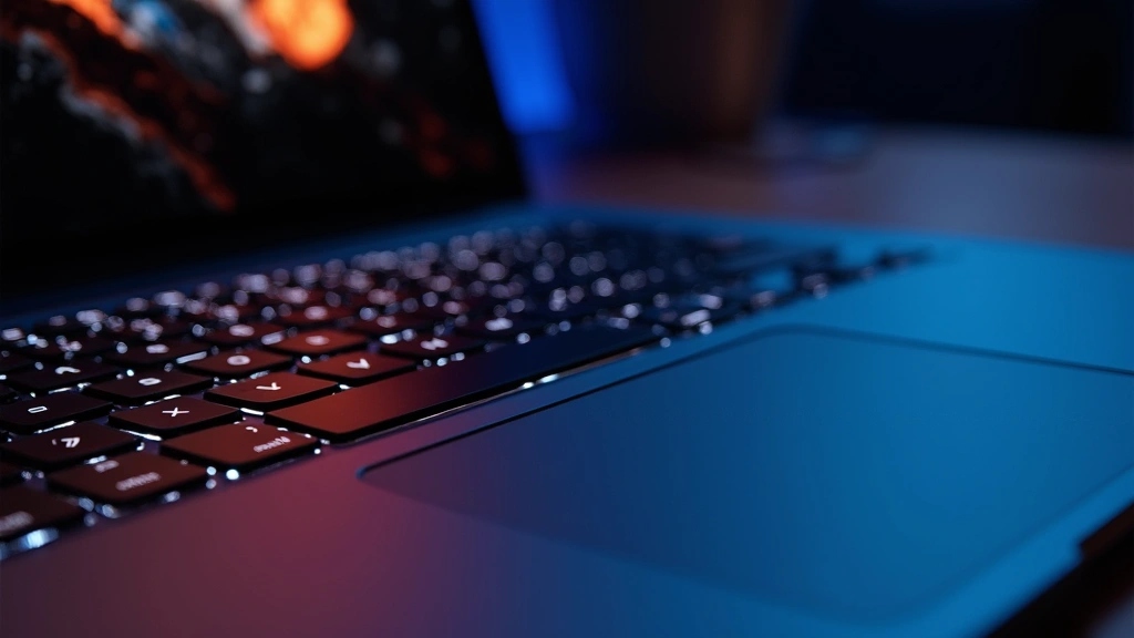 Laptop keyboard and trackpad detail shot, backlit keys glowing softly, glass trackpad surface, professional lighting emphasizing build quality and premium materials
