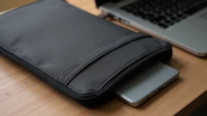 Minimalist black and gray tech laptop case with YKK zipper detail, photographed on wooden desk next to modern laptop, showing clean stitching and ballistic nylon texture