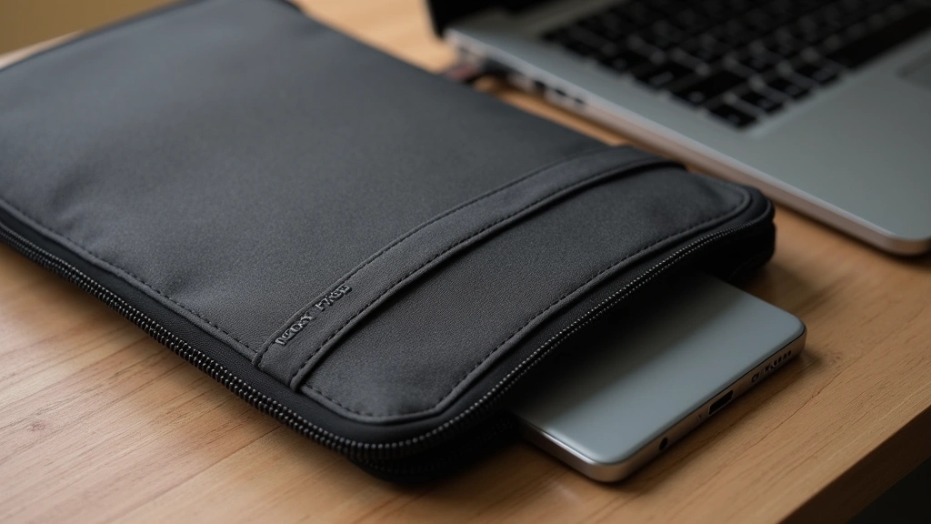 Minimalist black and gray tech laptop case with YKK zipper detail, photographed on wooden desk next to modern laptop, showing clean stitching and ballistic nylon texture
