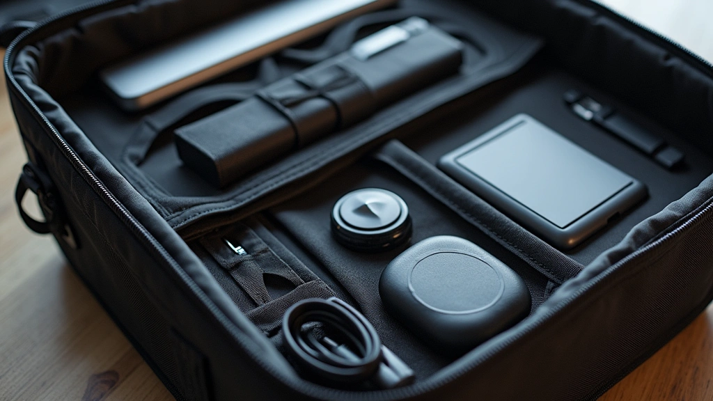 Premium tech case interior organization displaying cable organizer compartments, padded laptop sleeve, and structured pockets, shot from above with soft natural lighting