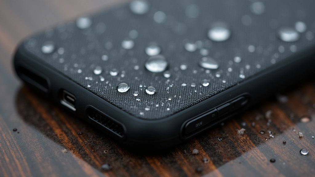 Durability comparison shot: Alpaka Elements case exterior showing water droplets beading on ballistic nylon fabric surface, close-up macro photography with shallow depth of field
