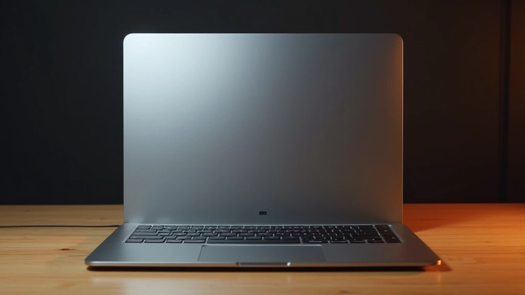 Professional aluminum laptop with sleek minimalist design, backlit keyboard visible, sitting on wooden desk with soft studio lighting, showcasing premium build quality and modern aesthetic