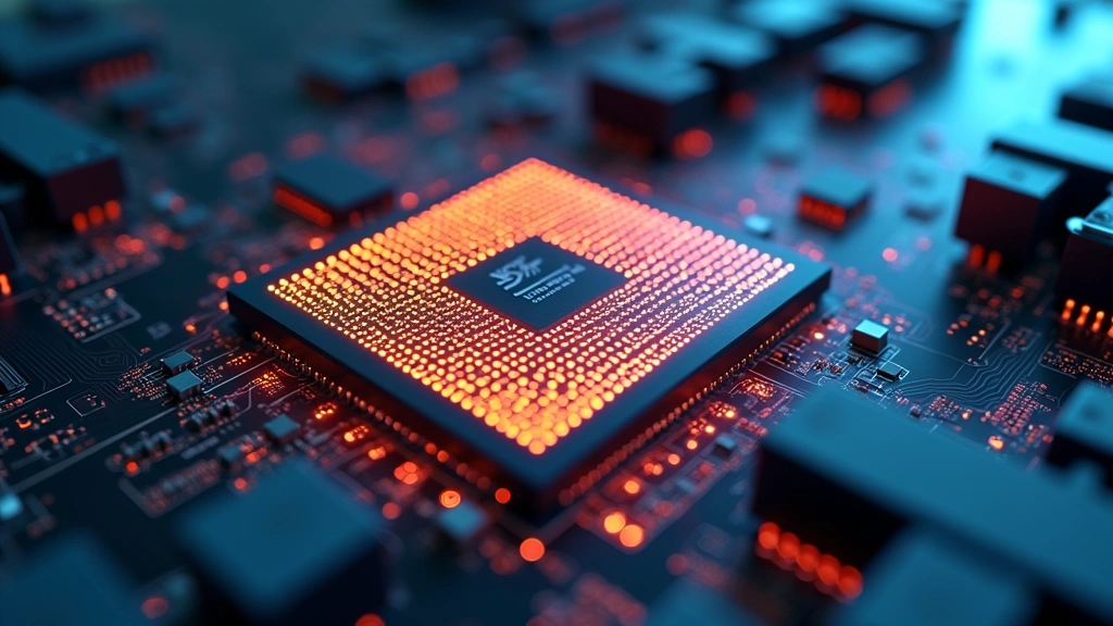 High-performance processor chip with intricate circuit patterns, thermal cooling system components, and heat dissipation technology displayed in clean laboratory setting with professional lighting