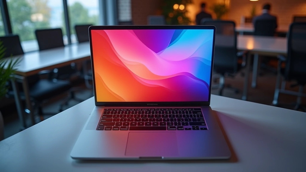 Premium aluminum laptop with thin bezels and sleek design, displaying vibrant screen colors in professional environment, top-down angle showing keyboard and trackpad detail