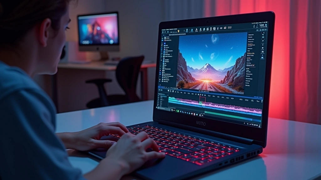 High-performance laptop with visible ventilation design running professional video editing software, showing thermal efficiency and processing power in action