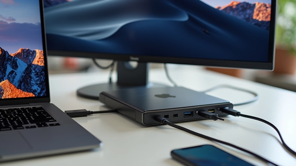 Portable tech device connected to multiple external displays and peripherals via Thunderbolt ports, demonstrating connectivity versatility in modern workspace setup