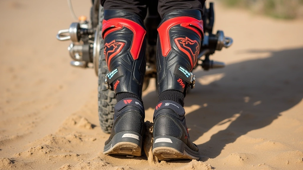 Alpine Star Tech 3 boots positioned on dirt bike foot pegs showing ankle support, foot positioning, and protective elements in realistic riding scenario with sandy terrain background
