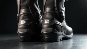 Professional motorcycle racing boots displayed on polished metal surface, close-up of reinforced heel and shift pad protection zone, dramatic lighting highlighting leather texture and protective components, no logos or text visible