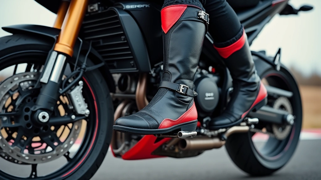 Motorcycle rider wearing black and red tech boots on motorcycle footpegs during track day, foot positioned on shifter, action shot showing boot fit and ankle support, dynamic racing environment with blurred background