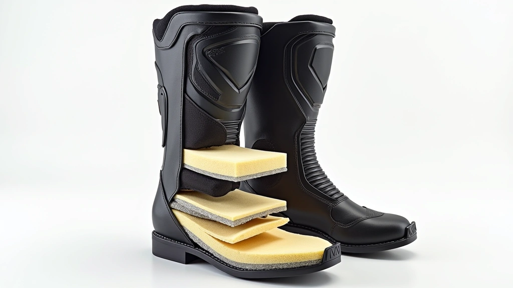 Detailed cross-section view of motorcycle boot protective layers including foam padding, ankle reinforcement structure, and impact-absorbing materials, technical illustration style, professional product photography against neutral background