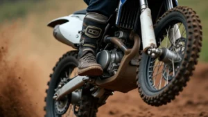 Close-up of a professional motocross rider's feet in black and white racing boots during a high-speed turn, showing the boot's side profile and ankle support structure with dirt and track visible