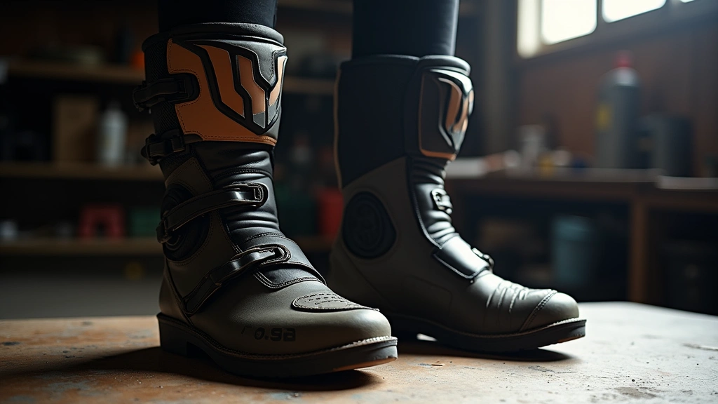 Professional motocross boots displayed on a work surface showing the sole, heel counter, and protective padding details with dramatic side lighting emphasizing construction quality