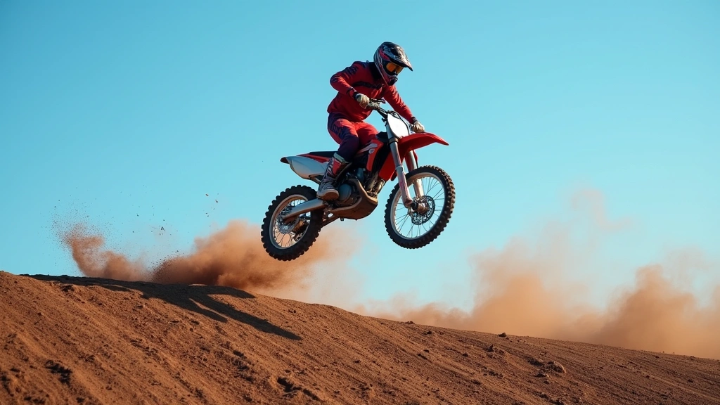 Motocross rider performing a dramatic jump over a dirt hill with boots clearly visible in the air, showcasing the protective gear in real racing action with blue sky background