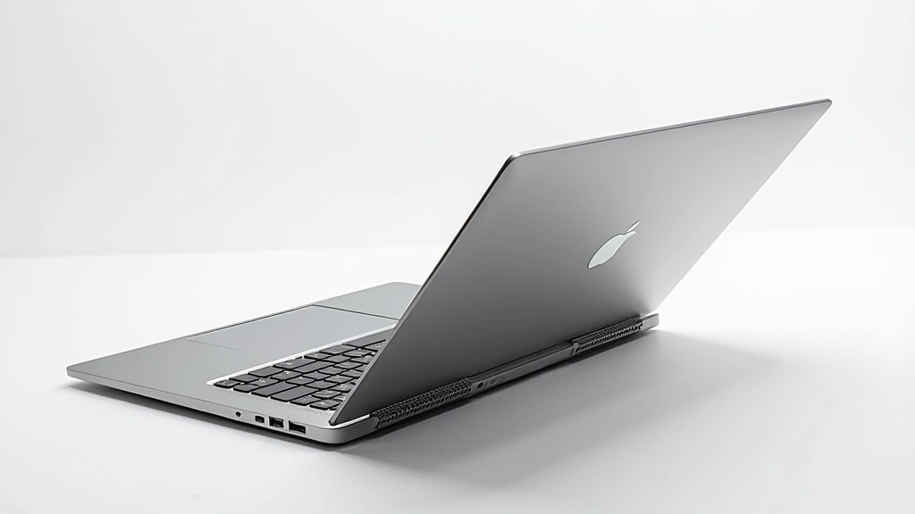 Sleek aluminum laptop with precision-cut cooling vents, open at 45-degree angle showing premium keyboard and trackpad, studio lighting highlighting metallic finish and minimalist design