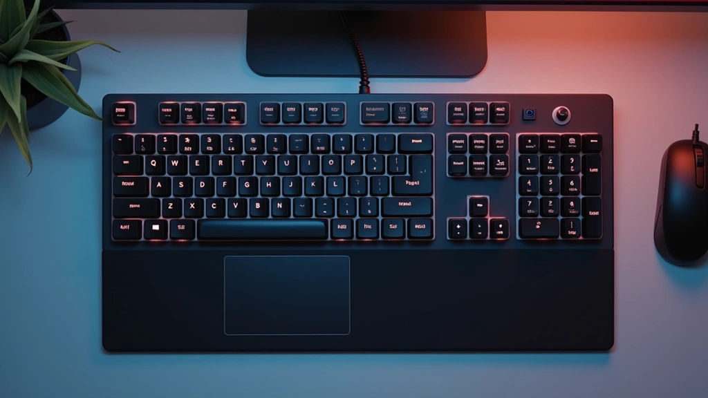 Top-down view of mechanical keyboard with backlit keys and precision trackpad, showing ergonomic design and input device quality in neutral workspace