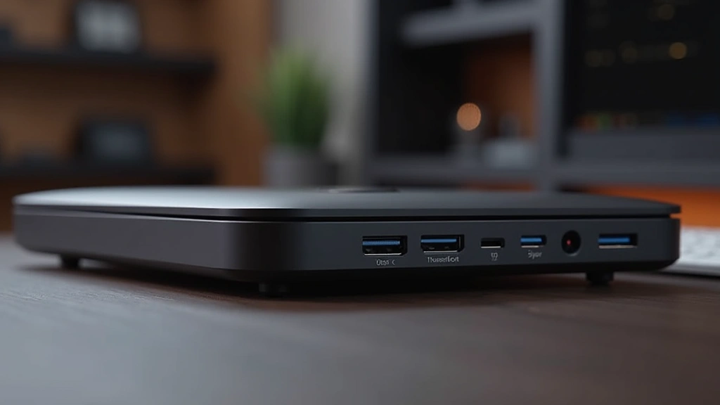Side profile showing port connectivity array including USB-C, Thunderbolt 4, and audio jack with sleek industrial design aesthetic in studio setting