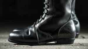 Professional motorcycle racing boot close-up showing premium leather texture and carbon fiber shank details, side angle view on concrete surface with dramatic lighting