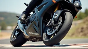 Professional motorcycle rider wearing black leather Alpinestars Tech 10 boots on sport bike, foot positioned on metal footpeg during aggressive lean angle, sunlit outdoor track setting, detailed boot construction visible