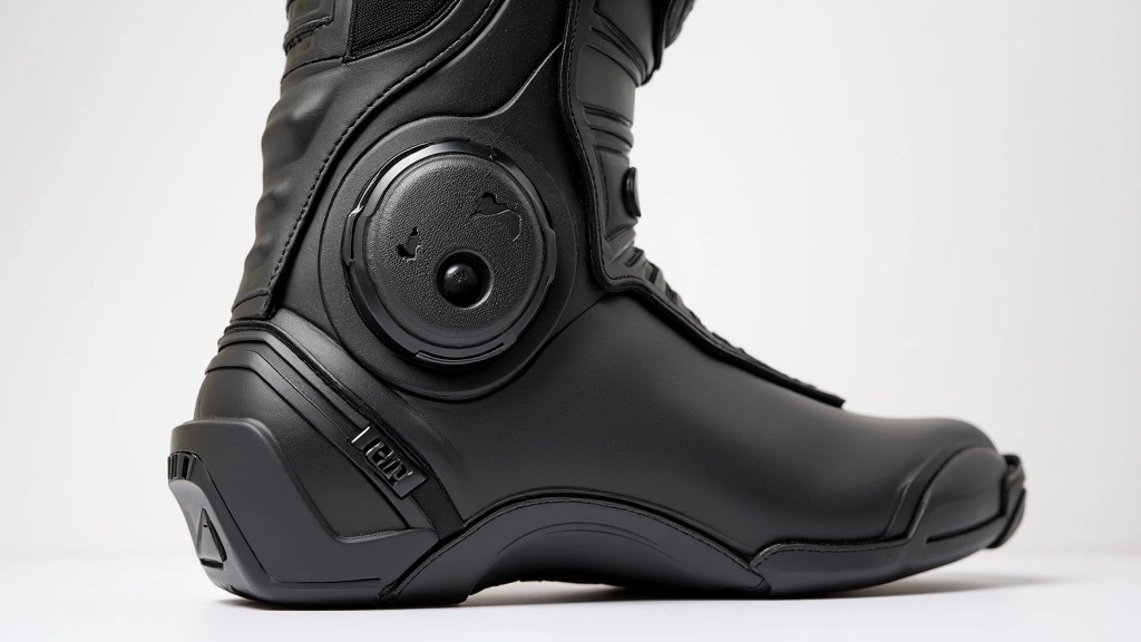 Close-up detail of Alpinestars Tech 10 boot ankle brace mechanism and protective reinforcement panels, showing thermoplastic inserts and dual-density foam structure, neutral background highlighting engineering