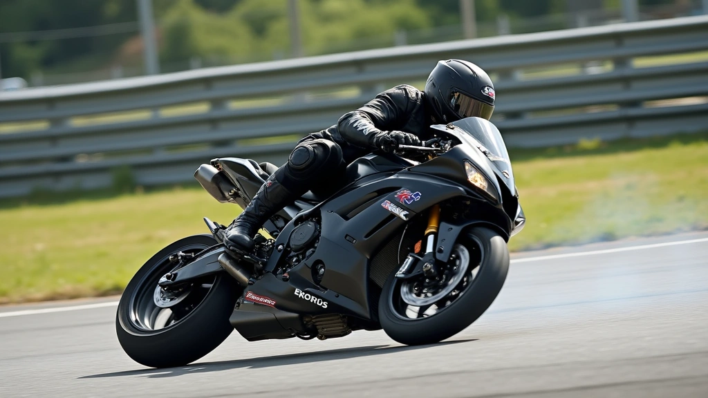 Motorcyclist in protective gear performing emergency braking maneuver on track, boots gripping footpegs firmly, rear tire in controlled slide, dynamic action shot demonstrating boot performance characteristics