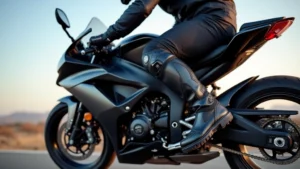 Professional motorcyclist wearing Alpinestars Tech 7 boots on sport motorcycle in aggressive riding position, showing boot protection features and ankle support articulation