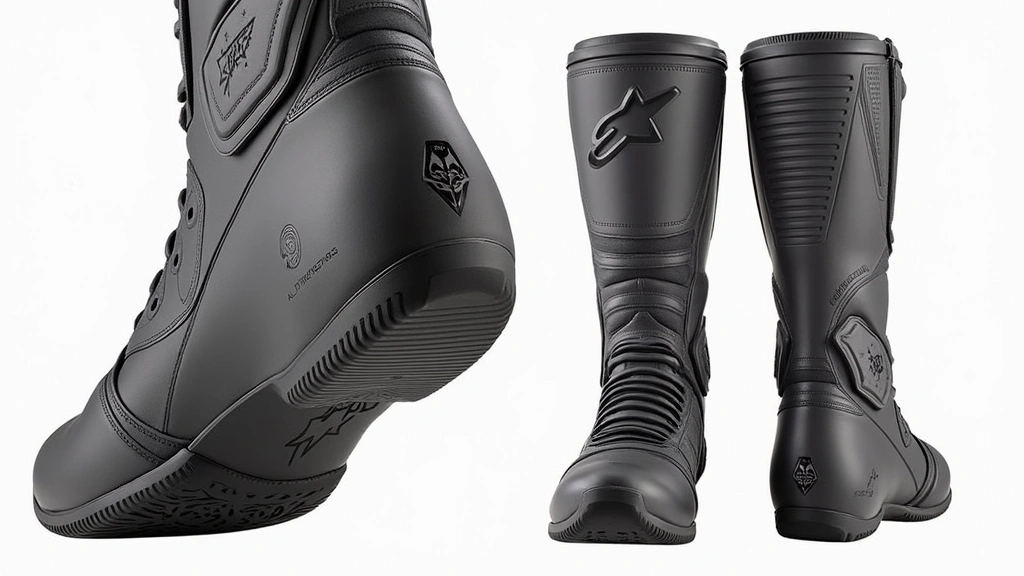 Detailed close-up of Alpinestars Tech 7 boot showing dual-density TPU ankle armor, reinforced toe box, and protective padding system from multiple angles