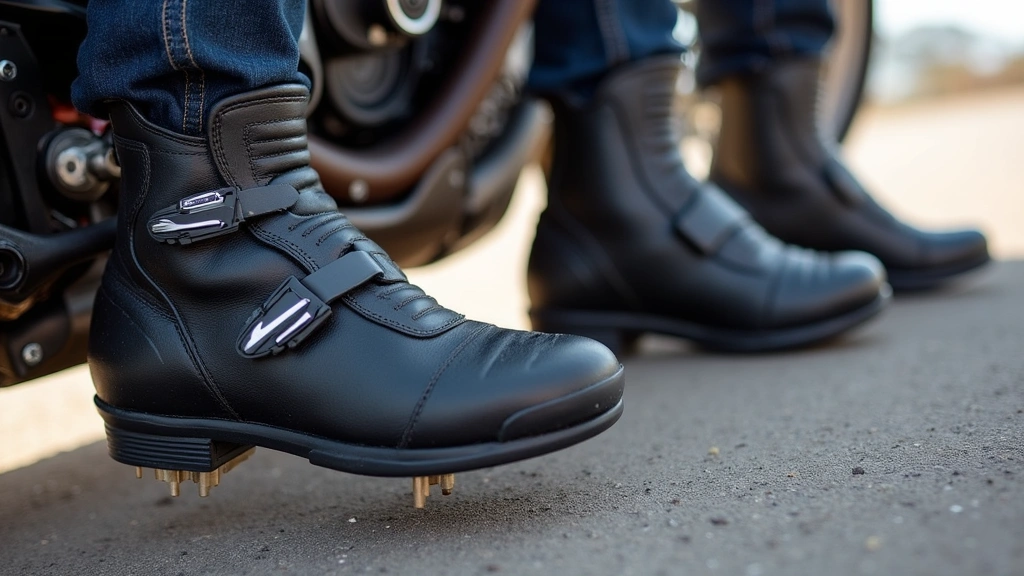 Alpinestars Tech 7 boots displayed on motorcycle footpegs at track day, showing grip sole characteristics and shift pad abrasion resistance in real-world riding scenario