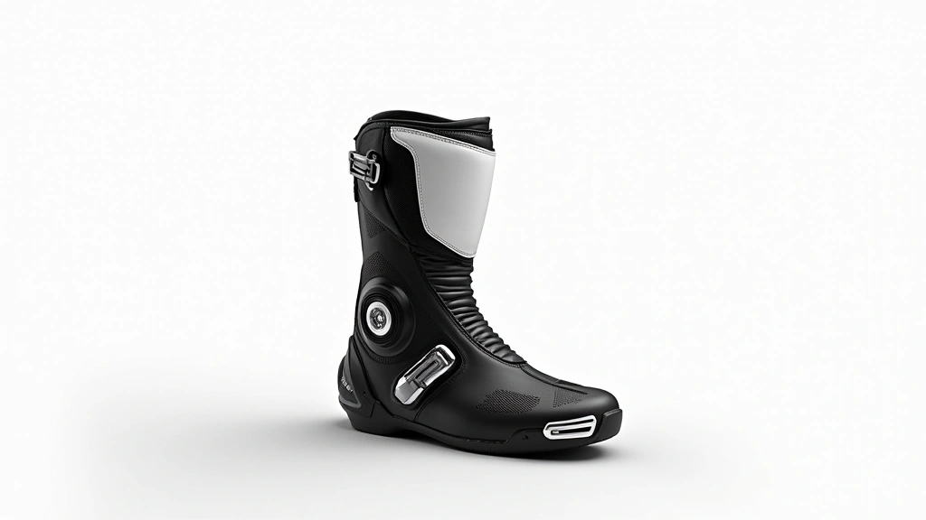 Professional motorcycle racing boot in black and white colorway, shown from side angle displaying ankle support structure, premium microfiber leather construction, reinforced protective zones clearly visible, high contrast studio lighting on white background