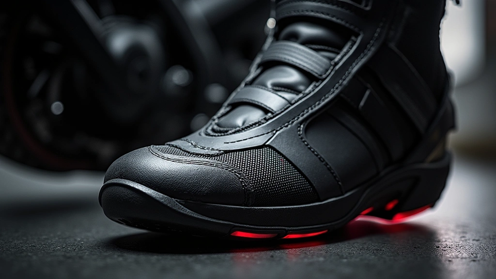 Close-up detail of motorcycle boot toe protection zone showing impact-absorbing materials and shifter pad reinforcement, textured protective surfaces, dramatic side lighting emphasizing layered construction and safety features