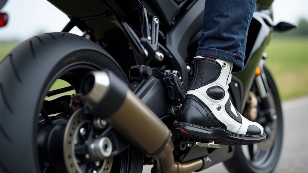 Motorcycle rider's foot positioned on motorcycle footrest wearing protective racing boot, demonstrating natural foot positioning and control interface, dynamic action shot showing boot in real-world riding context with proper ankle support alignment