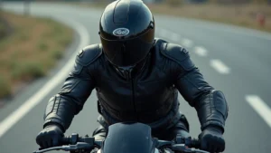 Professional motorcycle rider wearing protective leather jacket with armor, dynamic riding position on track, clear visibility of reinforced shoulder and elbow areas, dramatic lighting emphasizing material quality