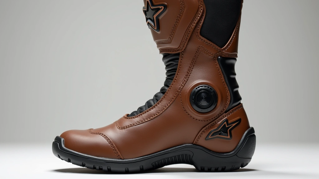 Detailed side profile of brown Alpinestars motorcycle boot showing heel reinforcement, shifter pad, and multi-compound sole construction against neutral backdrop