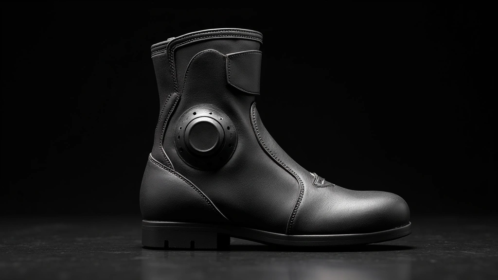 Premium motorcycle racing boot side profile showing ankle support and protective reinforcement zones, photorealistic leather texture detail, professional studio lighting on dark background