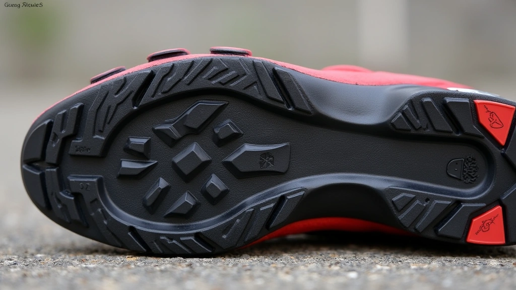 Alpinestars Tech 7 boot sole showing oil-resistant rubber grip pattern and wear-resistant construction, overhead angle view with detailed tread design, neutral background highlighting texture