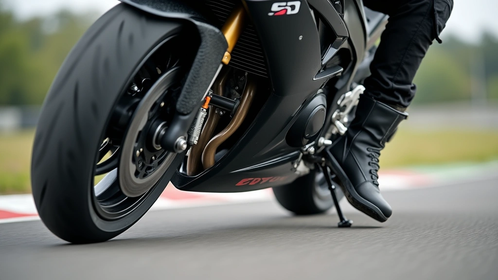 Motorcycle rider feet in racing position wearing protective boots on sport bike footpegs, action shot showing boot fit and ankle positioning during cornering, outdoor track environment