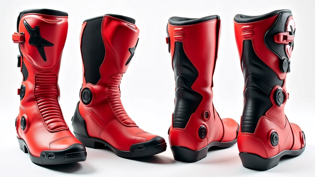 Professional motorcycle racing boot in red and black Alpinestars colors, shown from multiple angles displaying protective heel counter and ankle support structure, premium full-grain leather construction visible, studio lighting