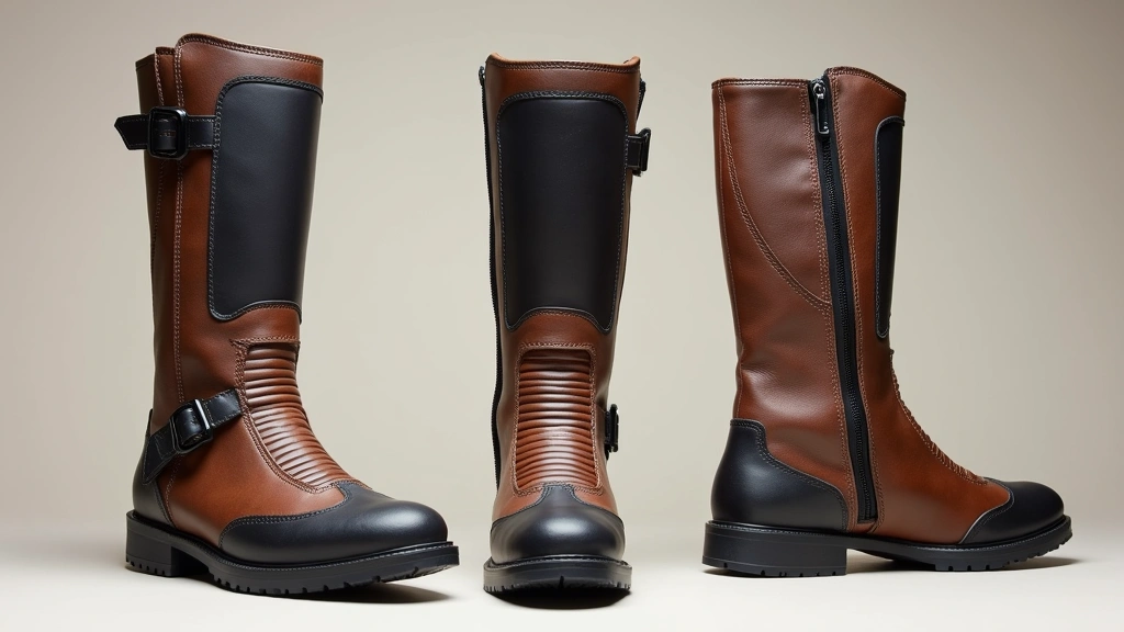 Professional product photography of brown and black motorcycle boot with protective ankle reinforcement and side zipper, shown from multiple angles on neutral background