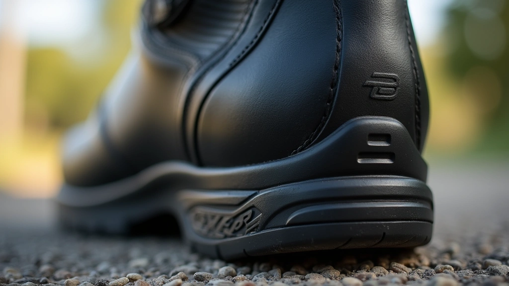 Close-up detail shot of protective heel counter and shift pad on motorcycle boot sole, displaying grip texture and durability features in natural lighting