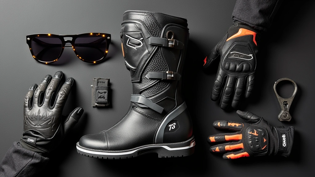 Overhead flat lay of Alpinestars Tech 7 Enduro boot with motorcycle gloves and riding apparel accessories on dark background