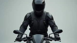 Professional motorcycle rider wearing black and plasma-colored protective jacket with airbag technology, shot from front three-quarter angle against neutral background, showing jacket details and fit