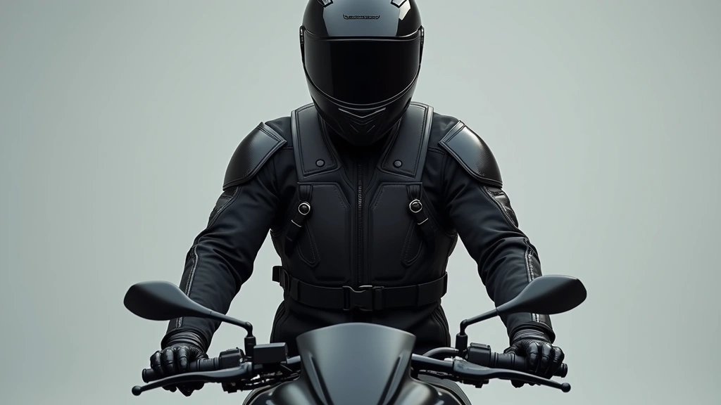 Professional motorcycle rider wearing black and plasma-colored protective jacket with airbag technology, shot from front three-quarter angle against neutral background, showing jacket details and fit