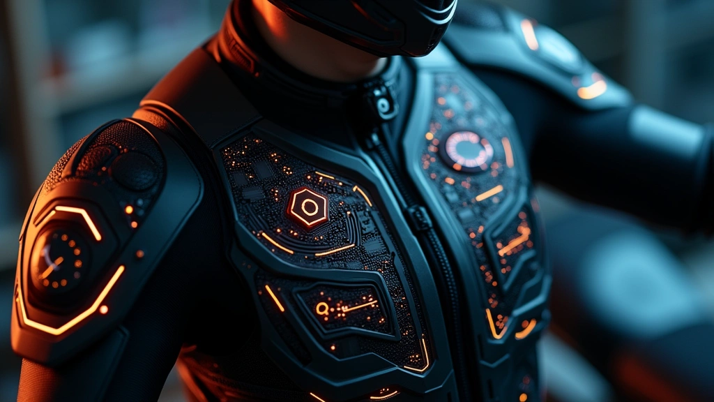 Close-up of advanced sensor array and electronics integrated into motorcycle jacket interior, highlighting technological components and circuit elements, professional studio lighting