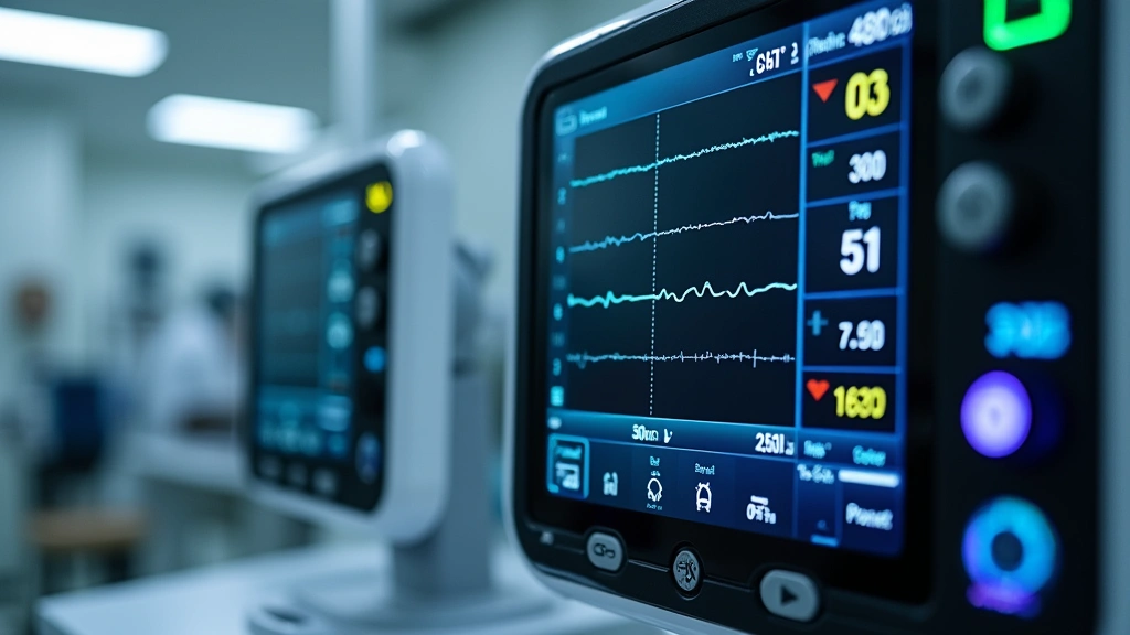Close-up of advanced medical monitoring equipment display screen showing real-time vital signs data with digital readouts and waveforms, professional healthcare technology environment, clean laboratory setting with stainless steel surfaces