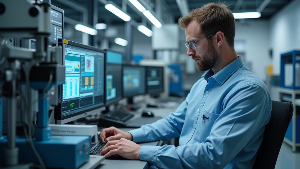 Professional technician conducting equipment testing and calibration in modern laboratory facility, holding precision measurement instruments near advanced electronic systems, focused on technical verification procedures