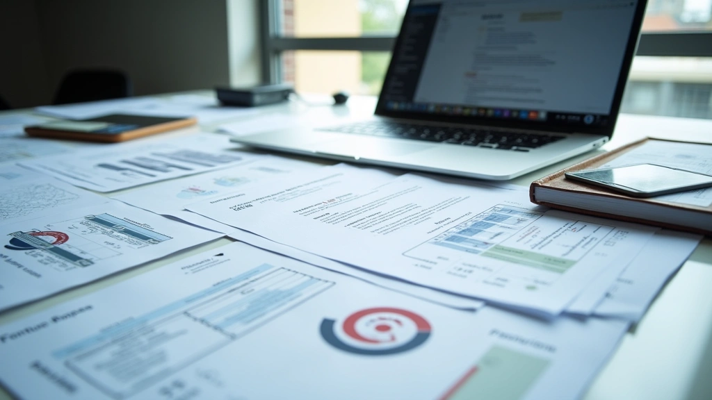 Organized collection of technical documentation and certification papers spread on workspace with laptop displaying spec sheets, regulatory compliance badges, and testing protocols visible in background