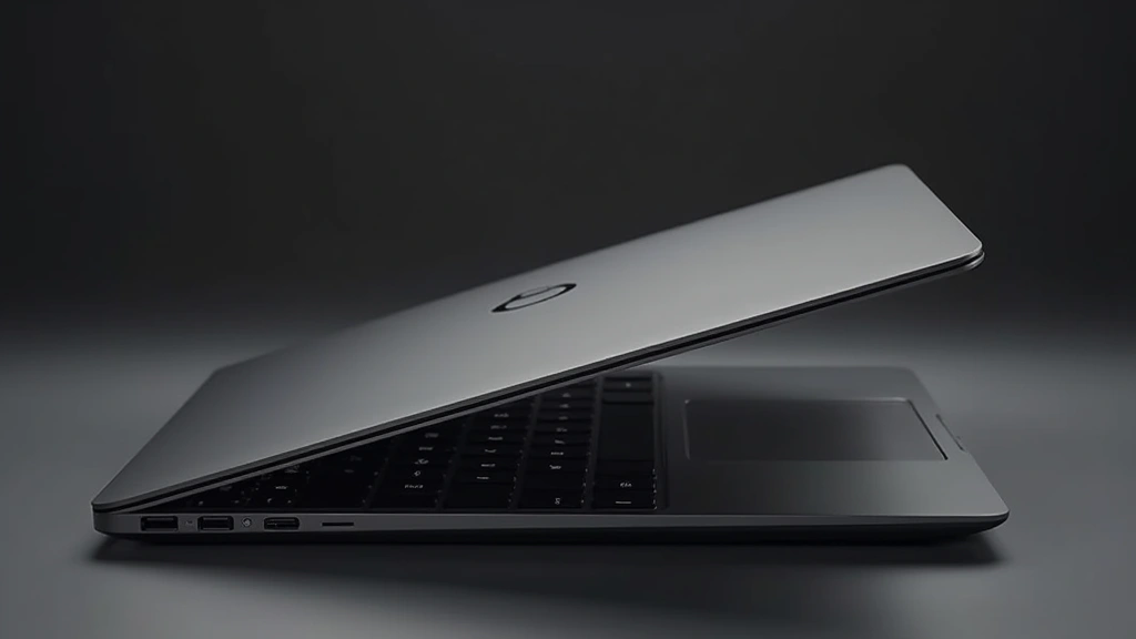 Sleek aluminum laptop with thin bezels and premium matte finish, photographed at 45-degree angle showing side profile and keyboard deck in professional lighting